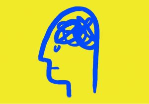 yellow background with blue head and scribble brain